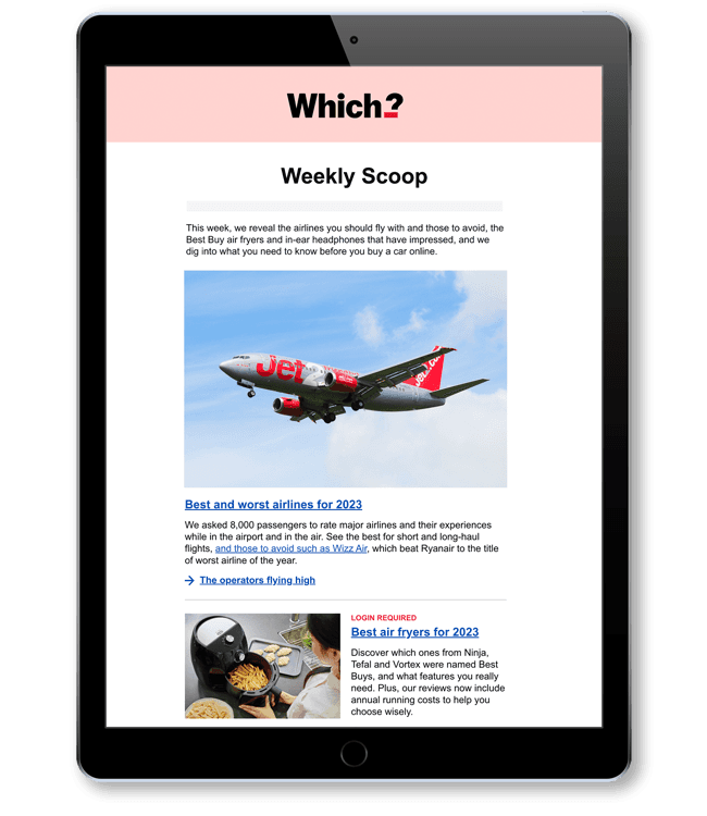 Image of a ipad showing the Which? Weekly Scoop newsletter